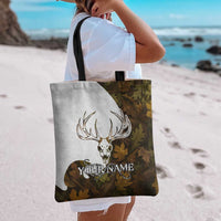 Custom Deer Hunting Skull Tote Bag with Antlers Graphic on Autumn Leaf Camo Background - Wonder Print Shop