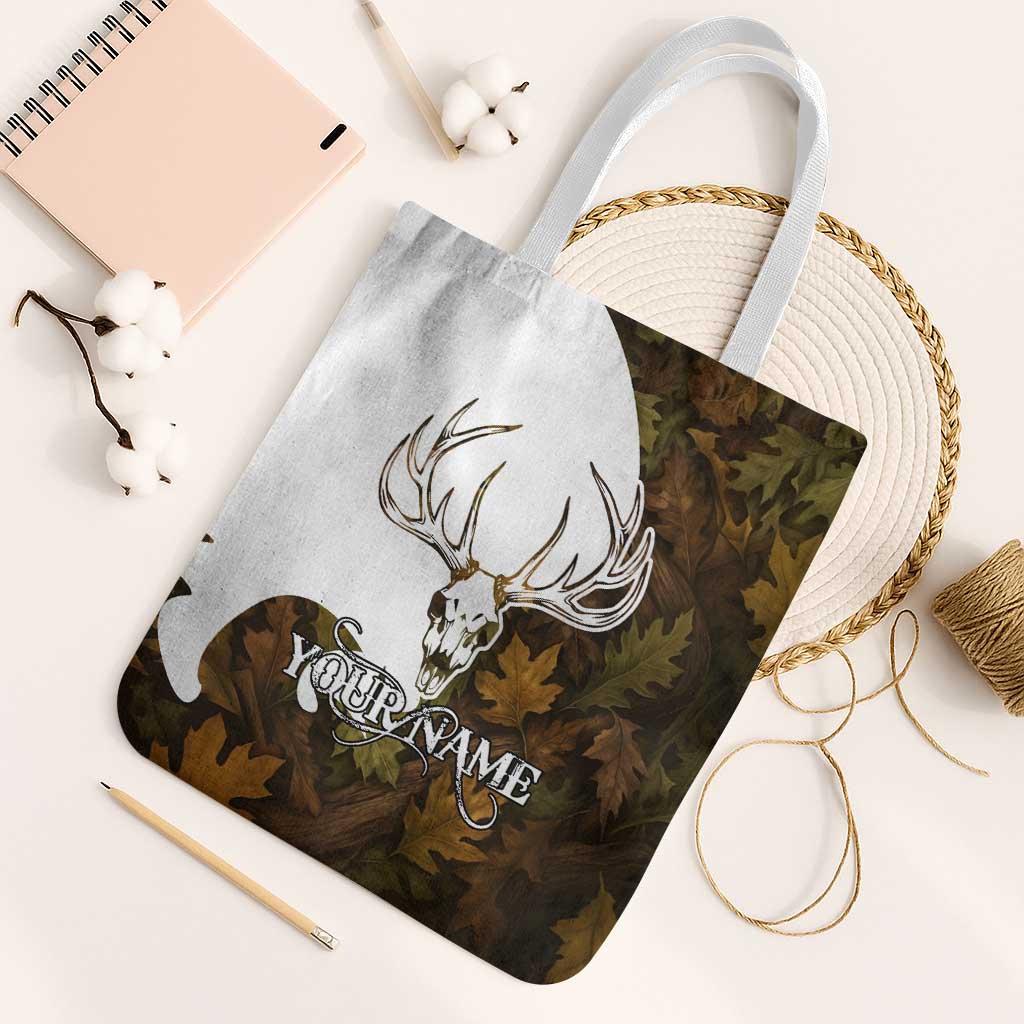 Custom Deer Hunting Skull Tote Bag with Antlers Graphic on Autumn Leaf Camo Background - Wonder Print Shop