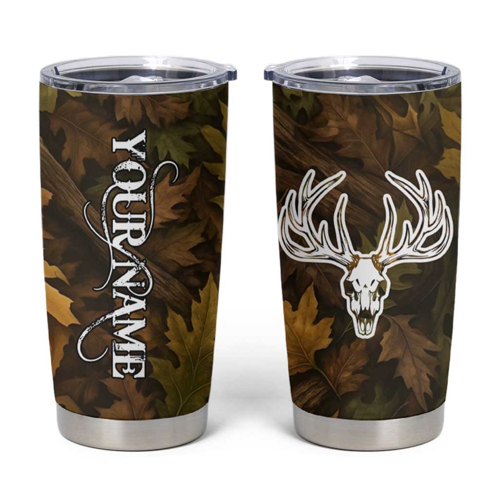 Custom Deer Hunting Skull Tumbler Cup with Antlers Graphic on Autumn Leaf Camo Background - Wonder Print Shop