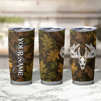 Custom Deer Hunting Skull Tumbler Cup with Antlers Graphic on Autumn Leaf Camo Background - Wonder Print Shop