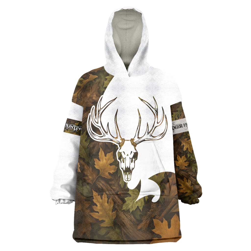 Custom Deer Hunting Skull Wearable Blanket Hoodie with Antlers Graphic on Autumn Leaf Camo Background - Wonder Print Shop
