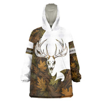 Custom Deer Hunting Skull Wearable Blanket Hoodie with Antlers Graphic on Autumn Leaf Camo Background - Wonder Print Shop
