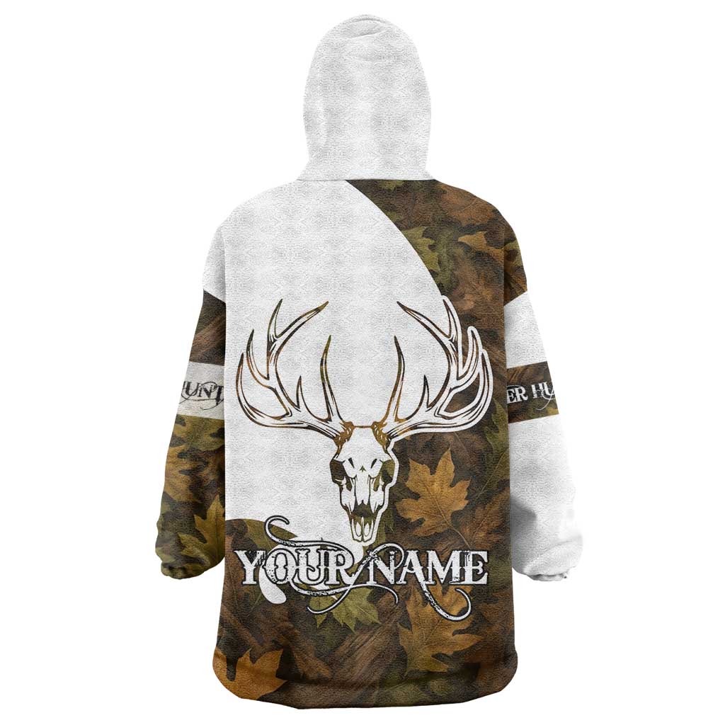 Custom Deer Hunting Skull Wearable Blanket Hoodie with Antlers Graphic on Autumn Leaf Camo Background - Wonder Print Shop