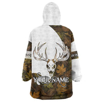 Custom Deer Hunting Skull Wearable Blanket Hoodie with Antlers Graphic on Autumn Leaf Camo Background - Wonder Print Shop