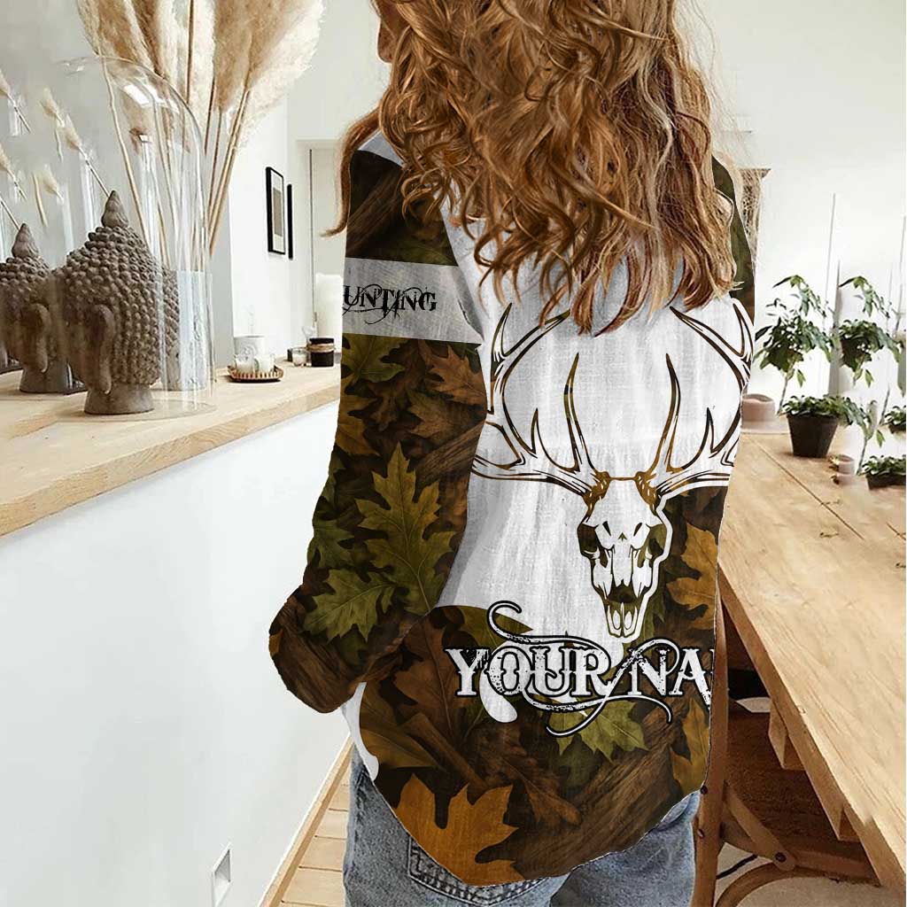 Custom Deer Hunting Skull Women Casual Shirt with Antlers Graphic on Autumn Leaf Camo Background - Wonder Print Shop