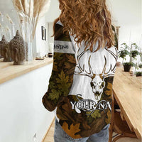 Custom Deer Hunting Skull Women Casual Shirt with Antlers Graphic on Autumn Leaf Camo Background - Wonder Print Shop