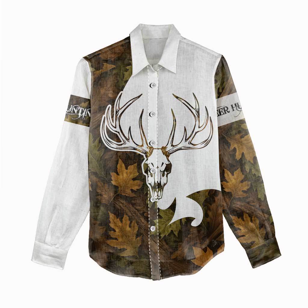 Custom Deer Hunting Skull Women Casual Shirt with Antlers Graphic on Autumn Leaf Camo Background - Wonder Print Shop