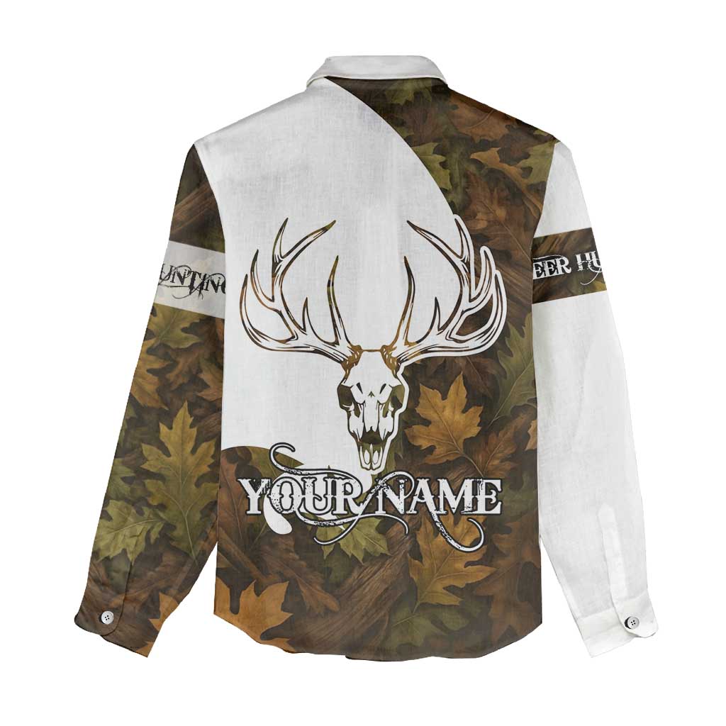 Custom Deer Hunting Skull Women Casual Shirt with Antlers Graphic on Autumn Leaf Camo Background - Wonder Print Shop