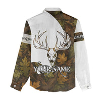 Custom Deer Hunting Skull Women Casual Shirt with Antlers Graphic on Autumn Leaf Camo Background - Wonder Print Shop