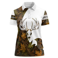 Custom Deer Hunting Skull Women Polo Shirt with Antlers Graphic on Autumn Leaf Camo Background - Wonder Print Shop