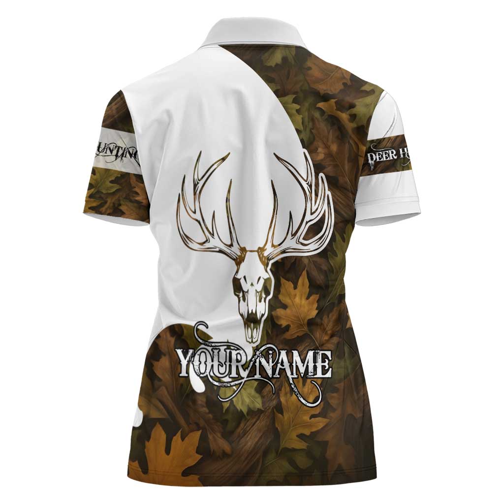 Custom Deer Hunting Skull Women Polo Shirt with Antlers Graphic on Autumn Leaf Camo Background - Wonder Print Shop