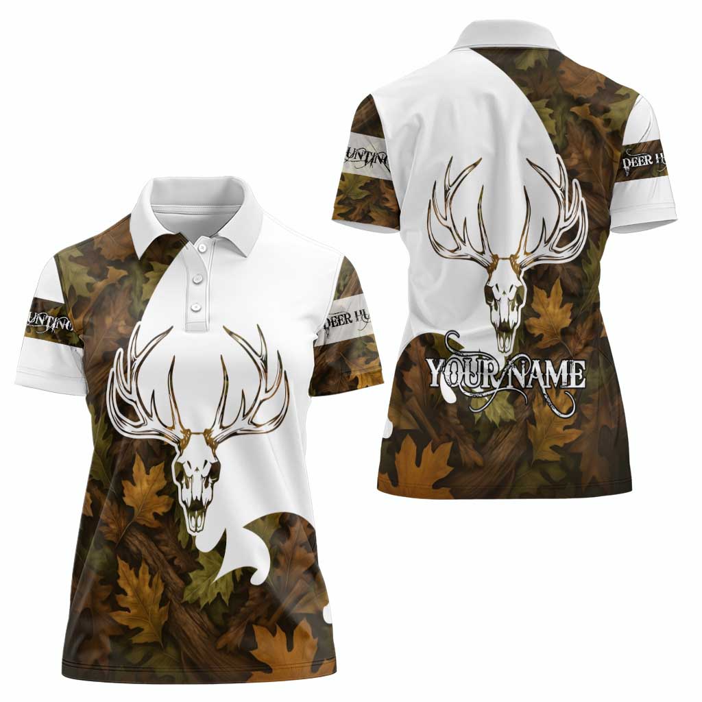Custom Deer Hunting Skull Women Polo Shirt with Antlers Graphic on Autumn Leaf Camo Background - Wonder Print Shop