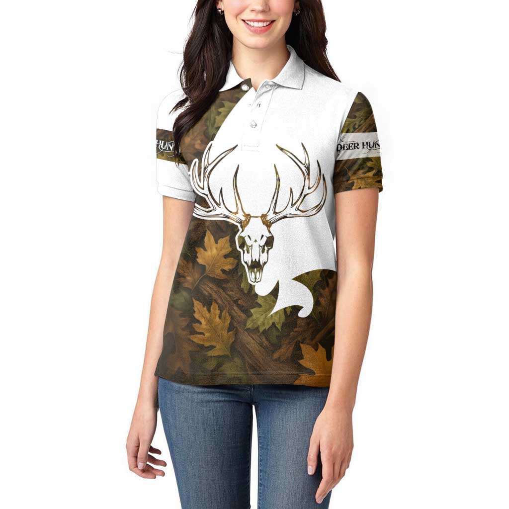 Custom Deer Hunting Skull Women Polo Shirt with Antlers Graphic on Autumn Leaf Camo Background - Wonder Print Shop