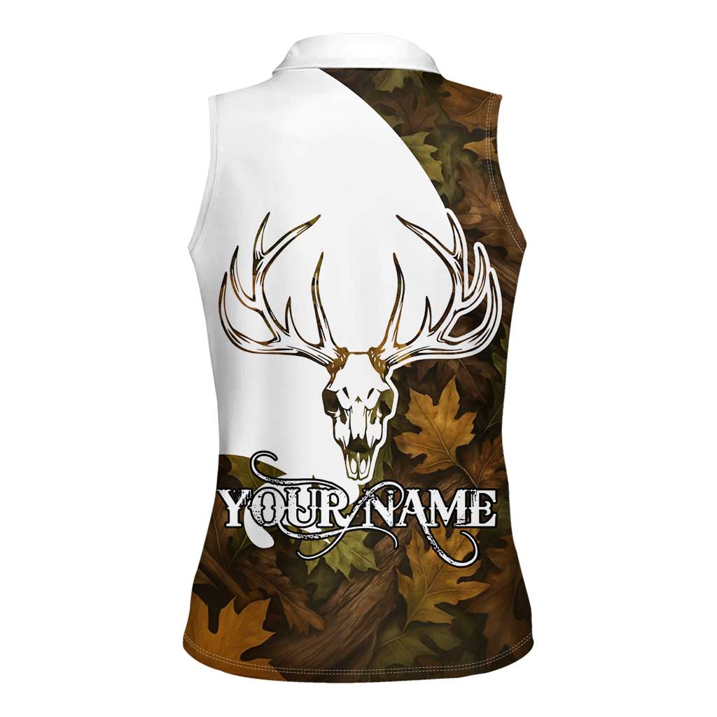 Custom Deer Hunting Skull Women Sleeveless Polo Shirt with Antlers Graphic on Autumn Leaf Camo Background - Wonder Print Shop