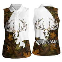 Custom Deer Hunting Skull Women Sleeveless Polo Shirt with Antlers Graphic on Autumn Leaf Camo Background - Wonder Print Shop