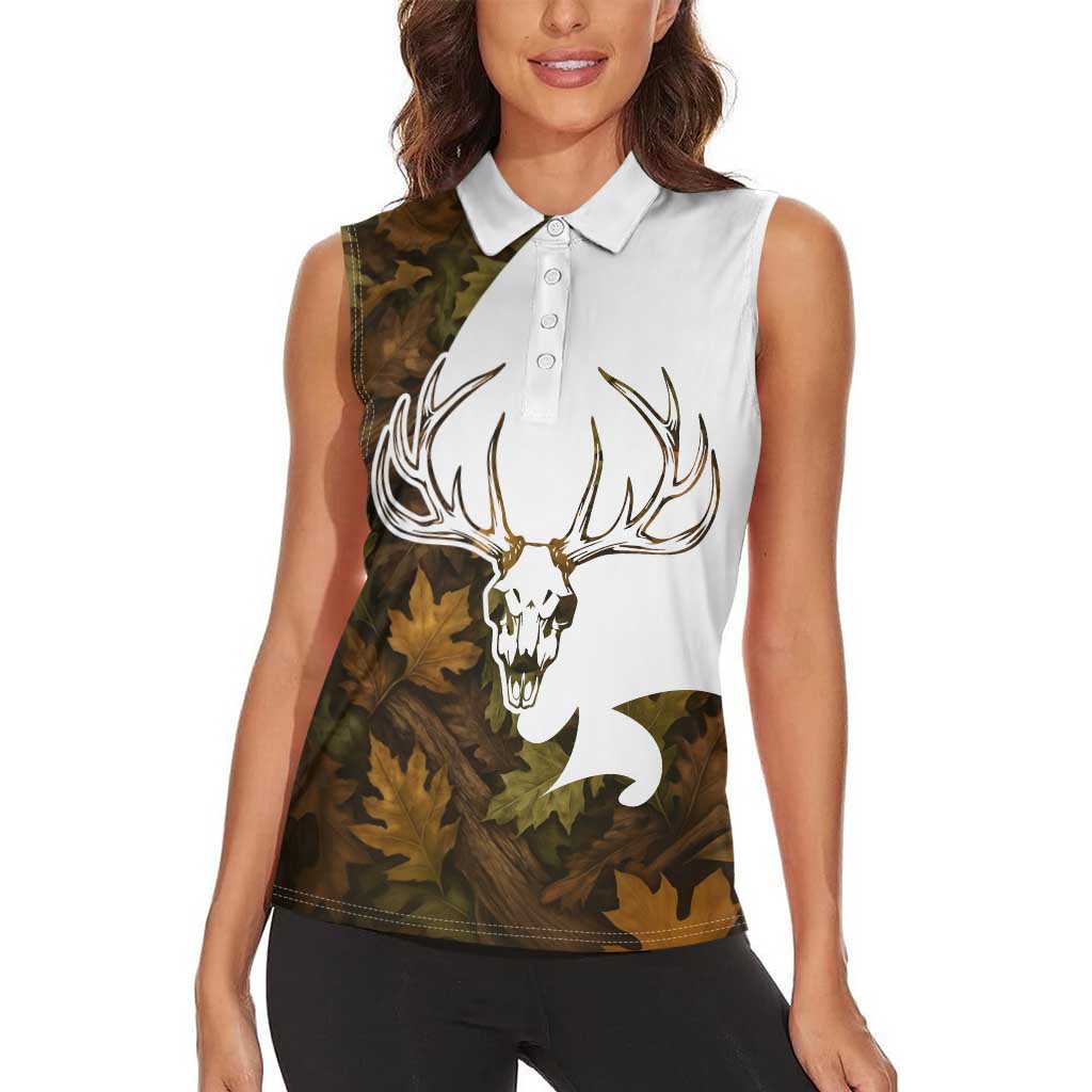Custom Deer Hunting Skull Women Sleeveless Polo Shirt with Antlers Graphic on Autumn Leaf Camo Background - Wonder Print Shop