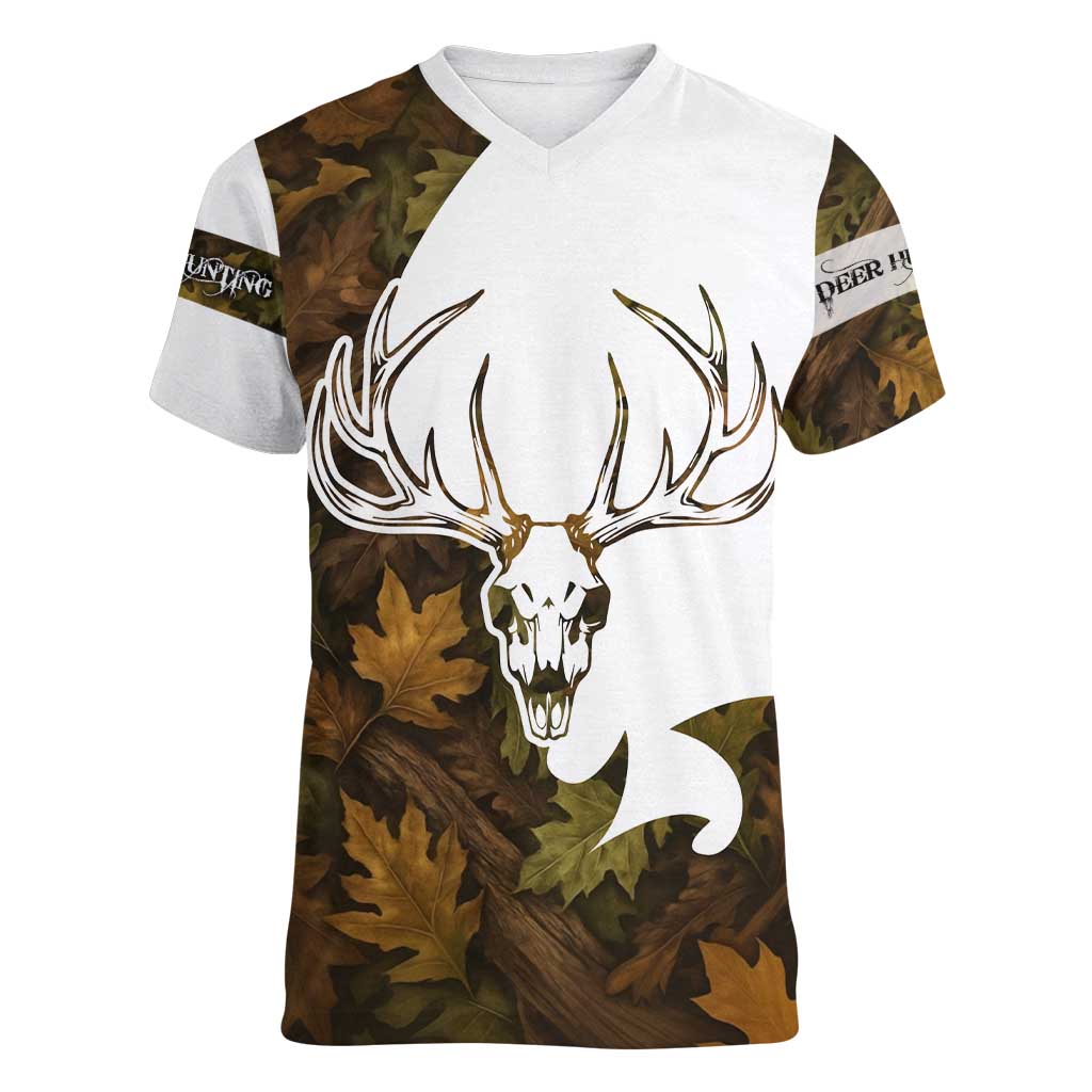 Custom Deer Hunting Skull Women V-Neck T-Shirt with Antlers Graphic on Autumn Leaf Camo Background - Wonder Print Shop