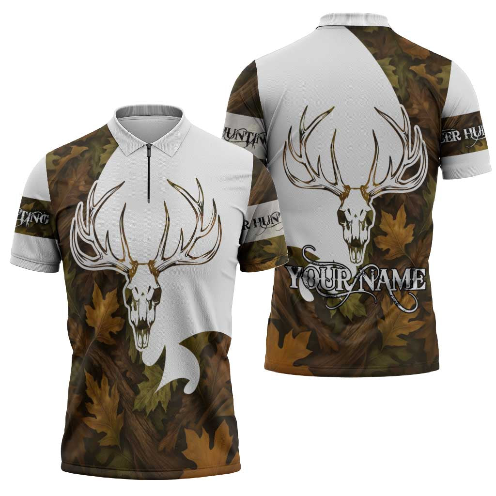 Custom Deer Hunting Skull Zipper Polo Shirt with Antlers Graphic on Autumn Leaf Camo Background - Wonder Print Shop