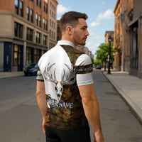 Custom Deer Hunting Skull Zipper Polo Shirt with Antlers Graphic on Autumn Leaf Camo Background - Wonder Print Shop