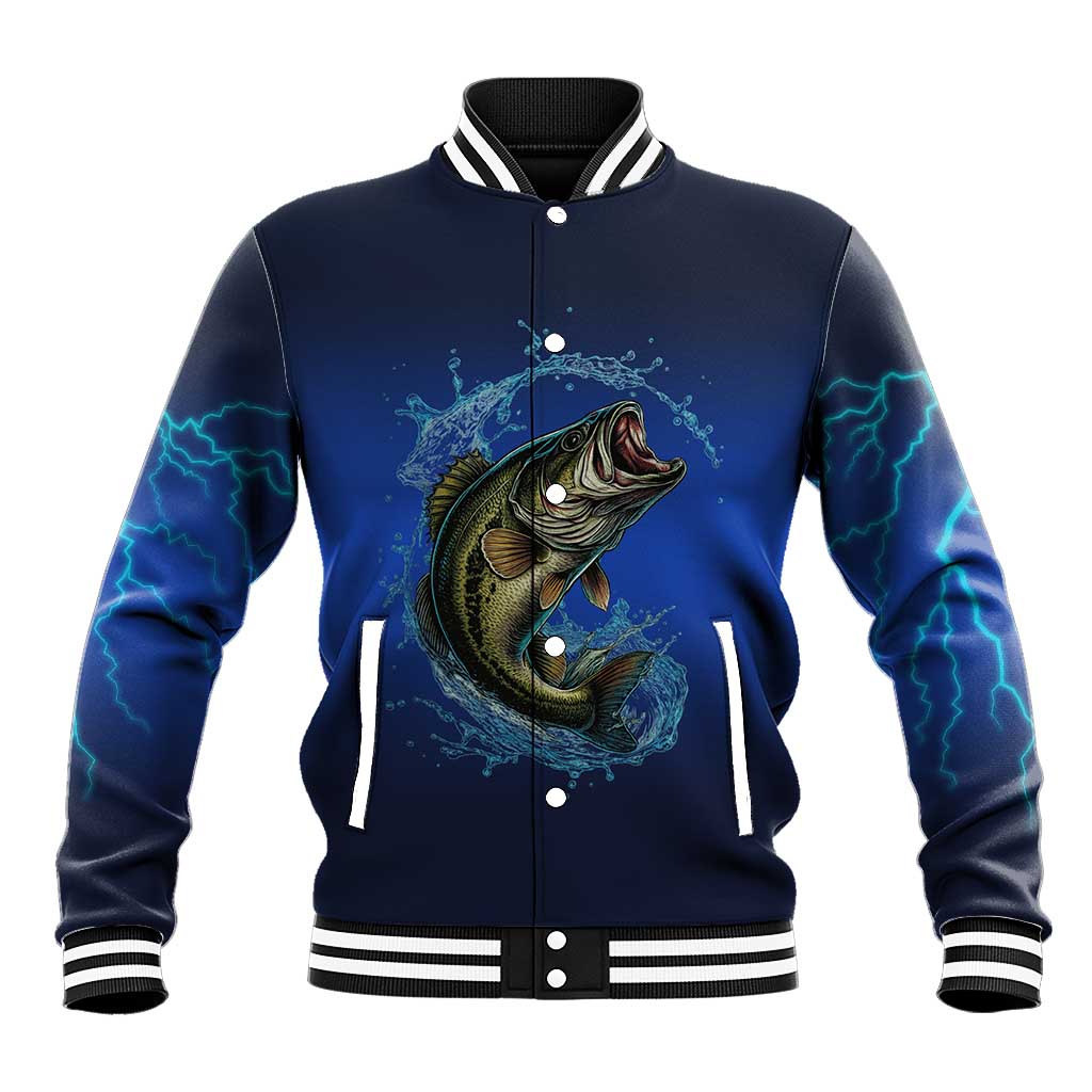 Custom Jumping Bass Fishing Baseball Jacket with Water Splash and Lightning Background - Wonder Print Shop
