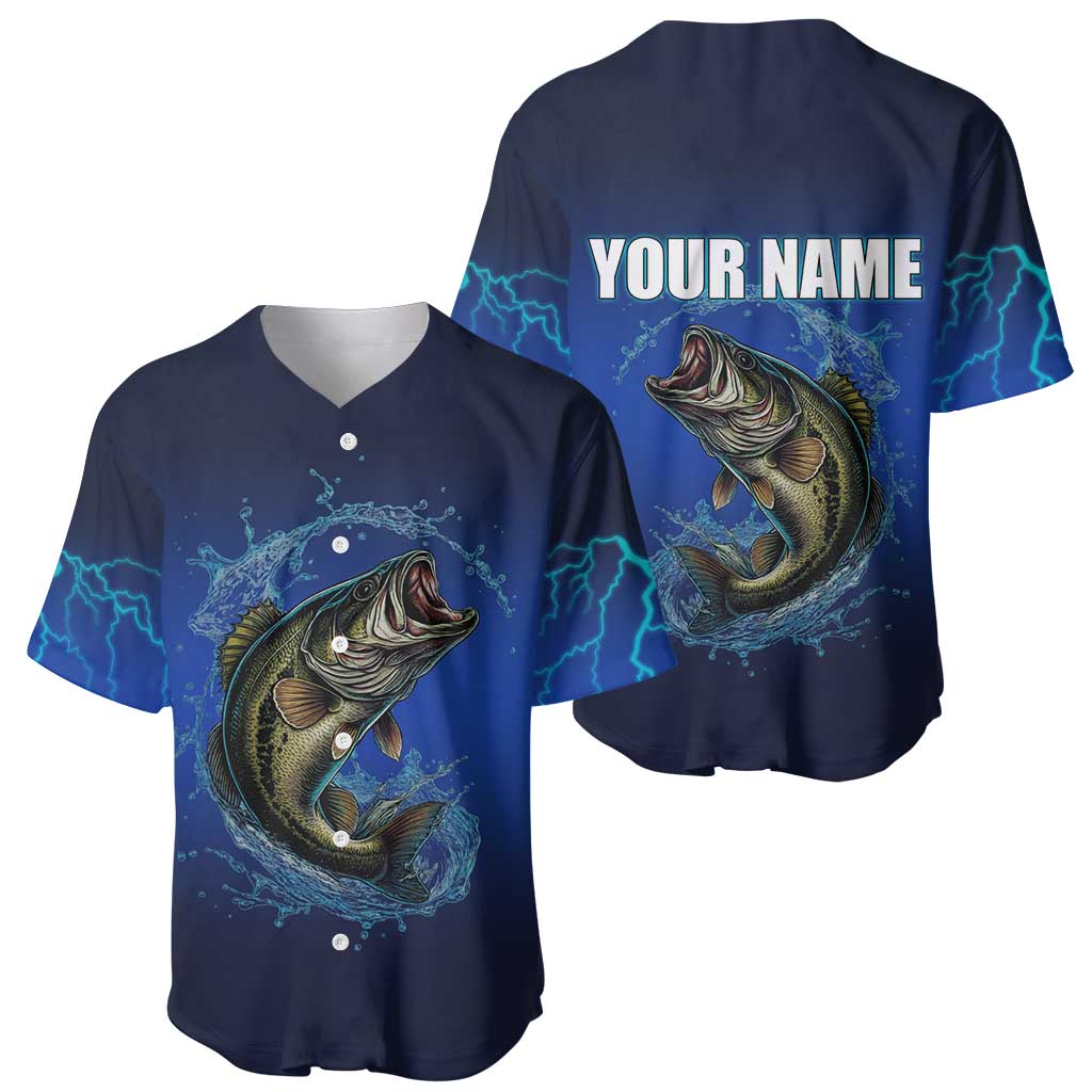 Custom Jumping Bass Fishing Baseball Jersey with Water Splash and Lightning Background - Wonder Print Shop