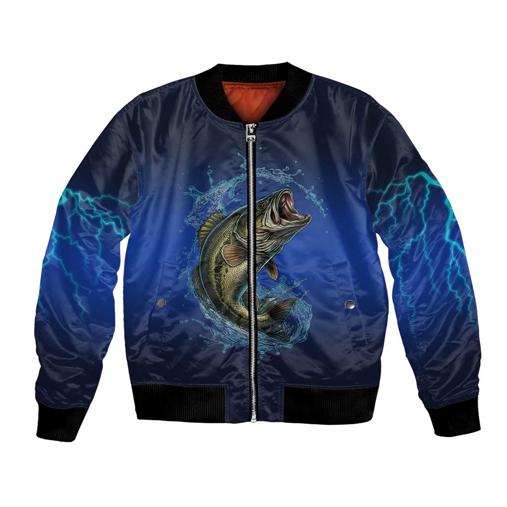 Custom Jumping Bass Fishing Bomber Jacket with Water Splash and Lightning Background - Wonder Print Shop