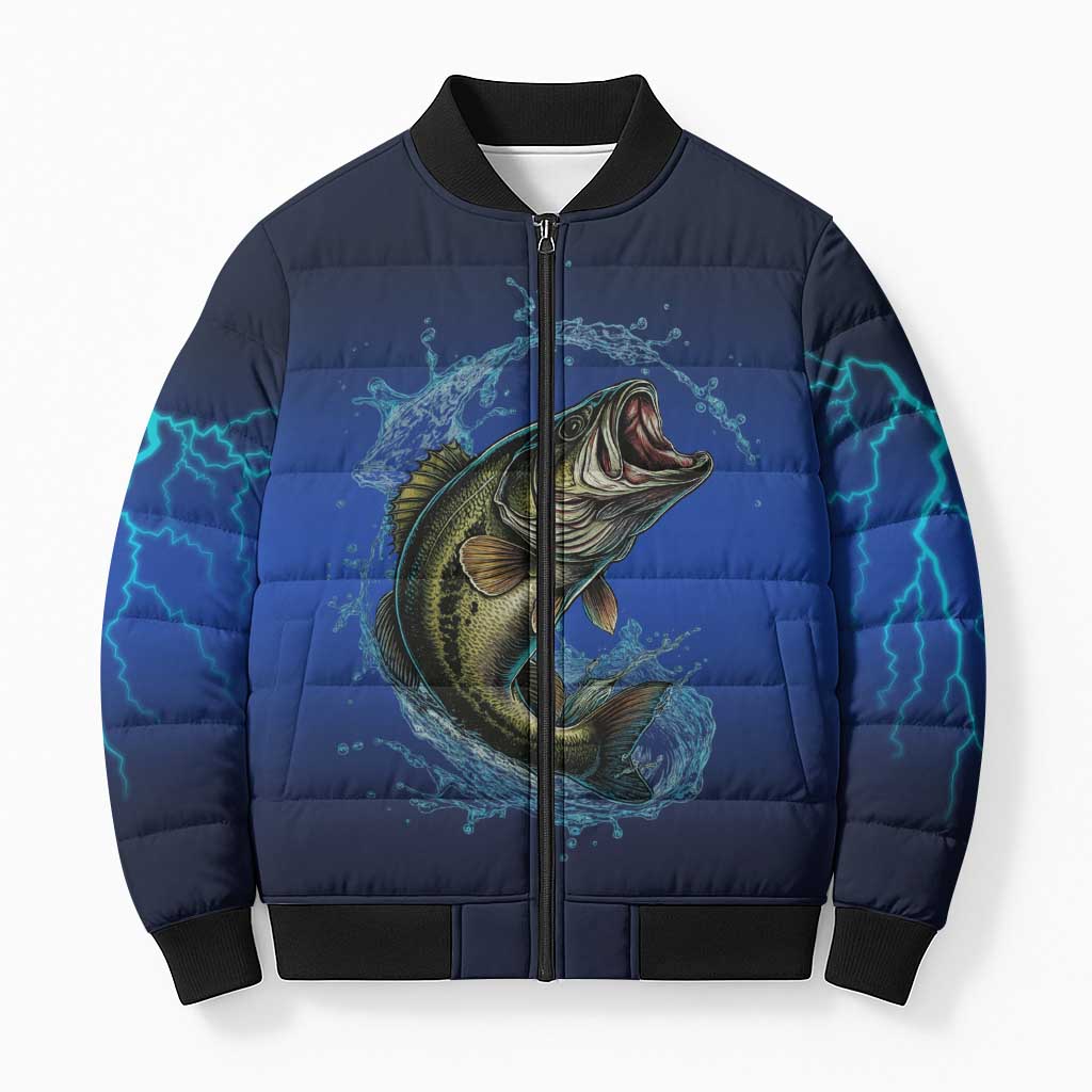 Custom Jumping Bass Fishing Bomber Puffer Jacket with Water Splash and Lightning Background - Wonder Print Shop