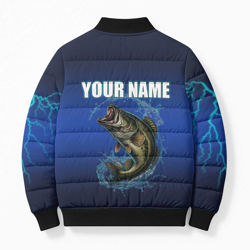 Custom Jumping Bass Fishing Bomber Puffer Jacket with Water Splash and Lightning Background - Wonder Print Shop