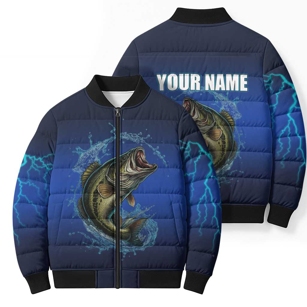 Custom Jumping Bass Fishing Bomber Puffer Jacket with Water Splash and Lightning Background - Wonder Print Shop