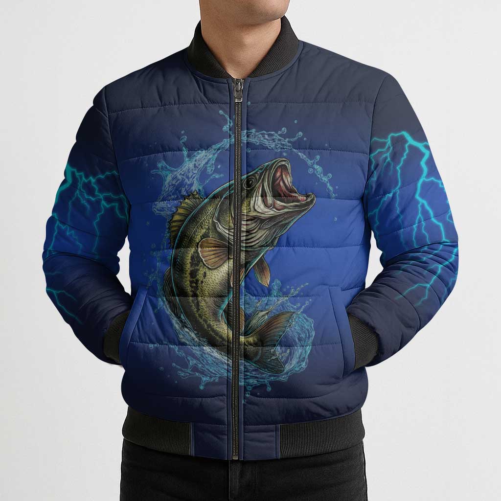 Custom Jumping Bass Fishing Bomber Puffer Jacket with Water Splash and Lightning Background - Wonder Print Shop
