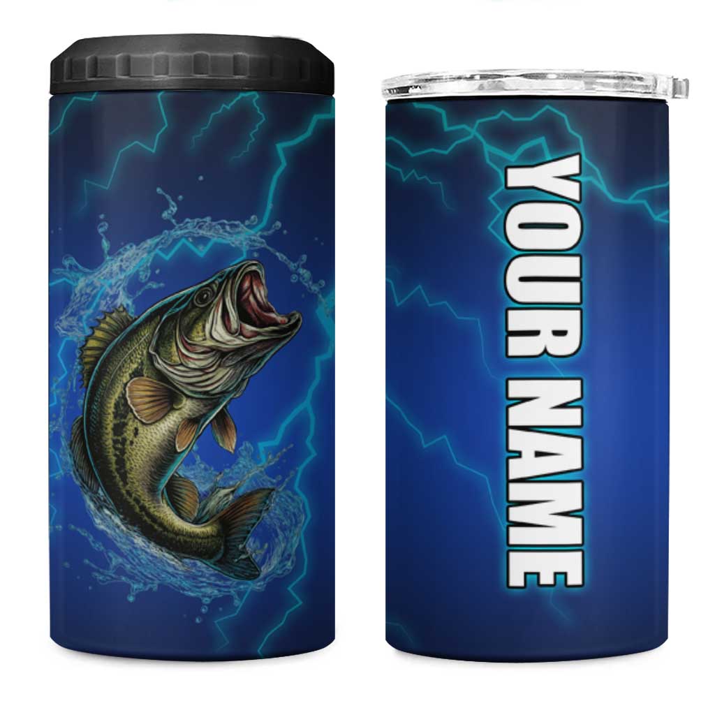 Custom Jumping Bass Fishing 4 in 1 Can Cooler Tumbler with Water Splash and Lightning Background - Wonder Print Shop