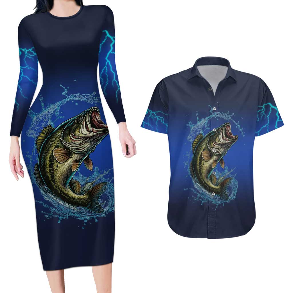 Custom Jumping Bass Fishing Couples Matching Long Sleeve Bodycon Dress and Hawaiian Shirt with Water Splash and Lightning Background - Wonder Print Shop
