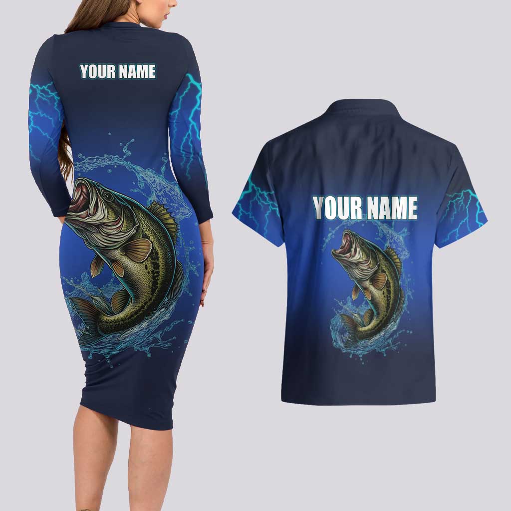 Custom Jumping Bass Fishing Couples Matching Long Sleeve Bodycon Dress and Hawaiian Shirt with Water Splash and Lightning Background - Wonder Print Shop