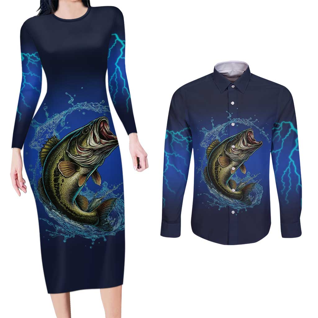 Custom Jumping Bass Fishing Couples Matching Long Sleeve Bodycon Dress and Long Sleeve Button Shirt with Water Splash and Lightning Background - Wonder Print Shop