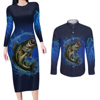 Custom Jumping Bass Fishing Couples Matching Long Sleeve Bodycon Dress and Long Sleeve Button Shirt with Water Splash and Lightning Background - Wonder Print Shop