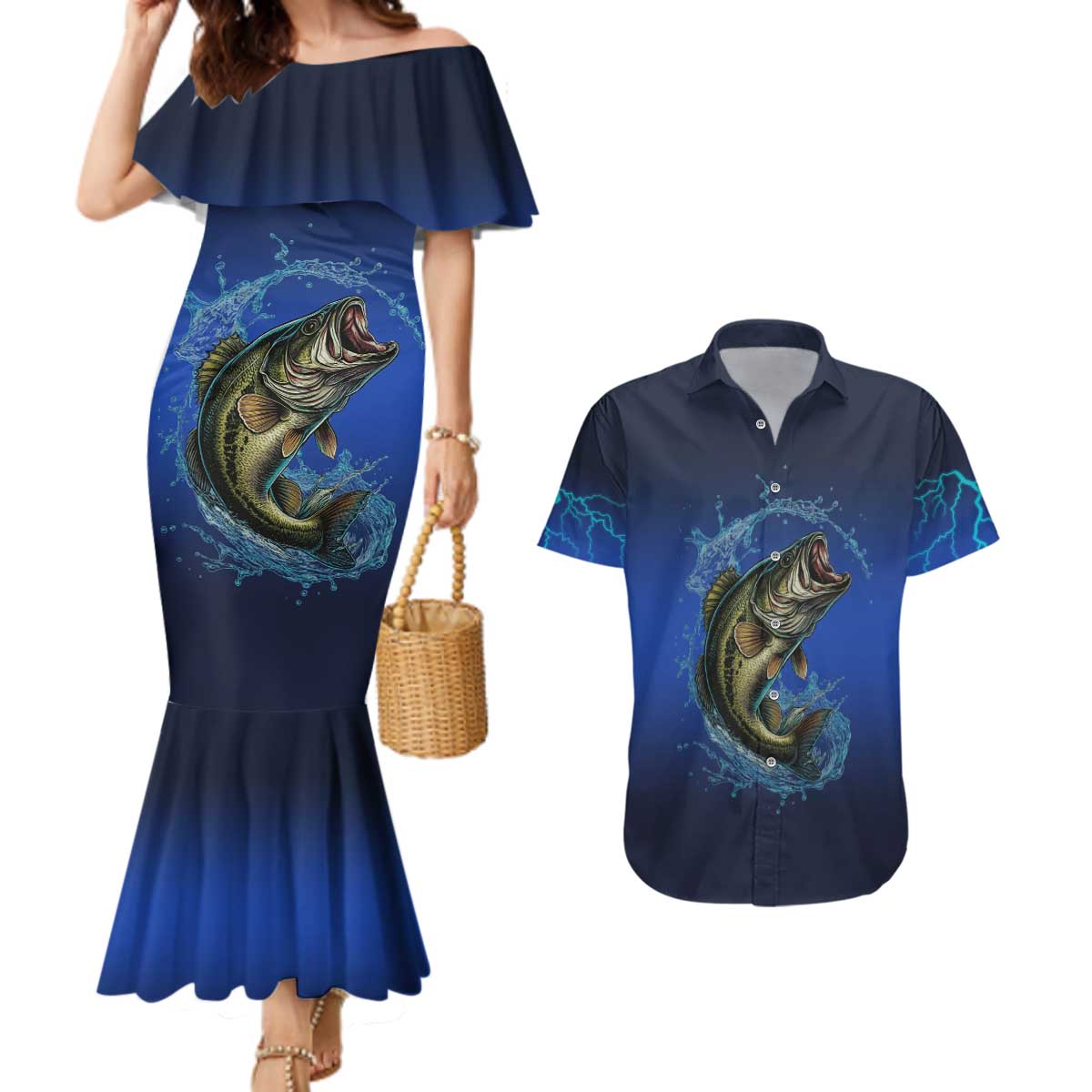 Custom Jumping Bass Fishing Couples Matching Mermaid Dress and Hawaiian Shirt with Water Splash and Lightning Background - Wonder Print Shop