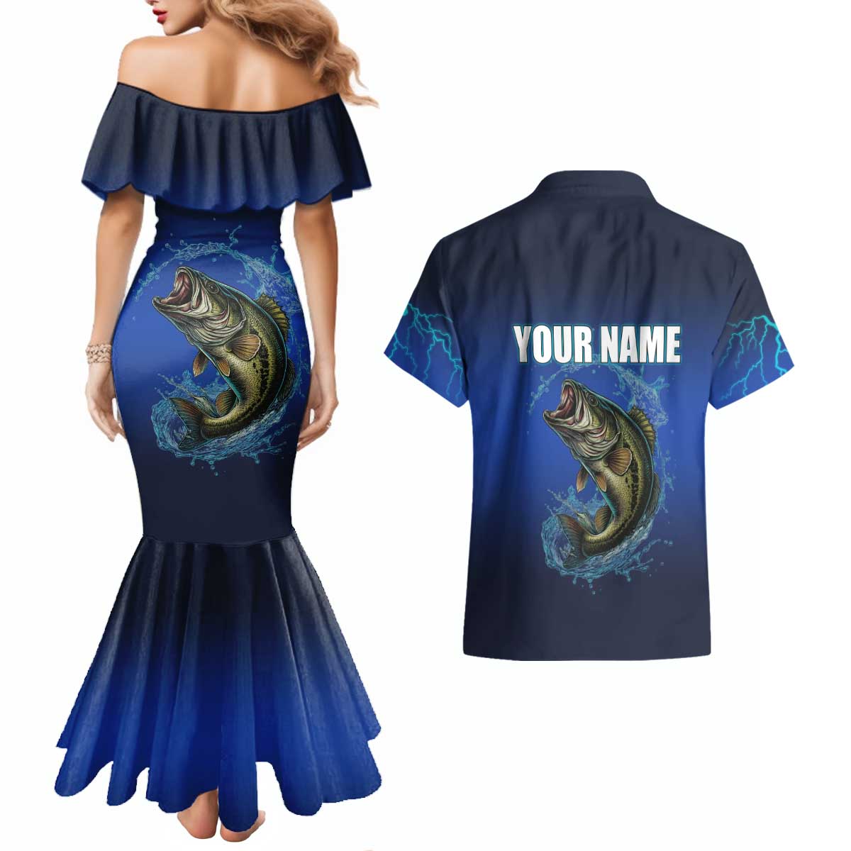 Custom Jumping Bass Fishing Couples Matching Mermaid Dress and Hawaiian Shirt with Water Splash and Lightning Background - Wonder Print Shop