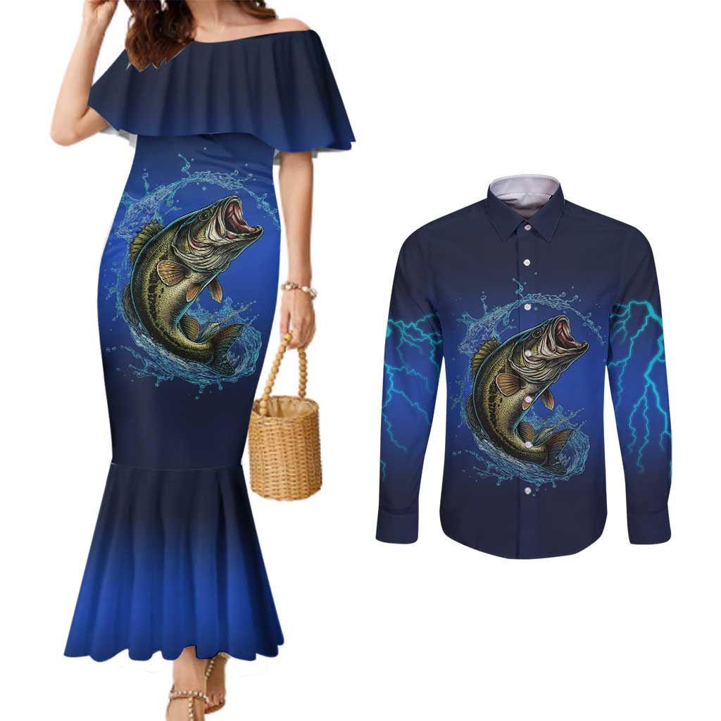 Custom Jumping Bass Fishing Couples Matching Mermaid Dress and Long Sleeve Button Shirt with Water Splash and Lightning Background - Wonder Print Shop