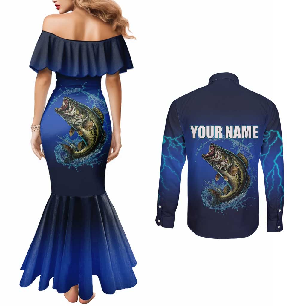 Custom Jumping Bass Fishing Couples Matching Mermaid Dress and Long Sleeve Button Shirt with Water Splash and Lightning Background - Wonder Print Shop