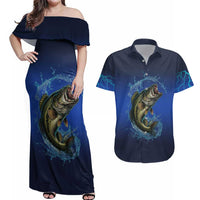 Custom Jumping Bass Fishing Couples Matching Off Shoulder Maxi Dress and Hawaiian Shirt with Water Splash and Lightning Background - Wonder Print Shop