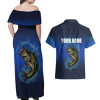 Custom Jumping Bass Fishing Couples Matching Off Shoulder Maxi Dress and Hawaiian Shirt with Water Splash and Lightning Background - Wonder Print Shop