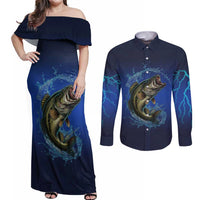 Custom Jumping Bass Fishing Couples Matching Off Shoulder Maxi Dress and Long Sleeve Button Shirt with Water Splash and Lightning Background - Wonder Print Shop