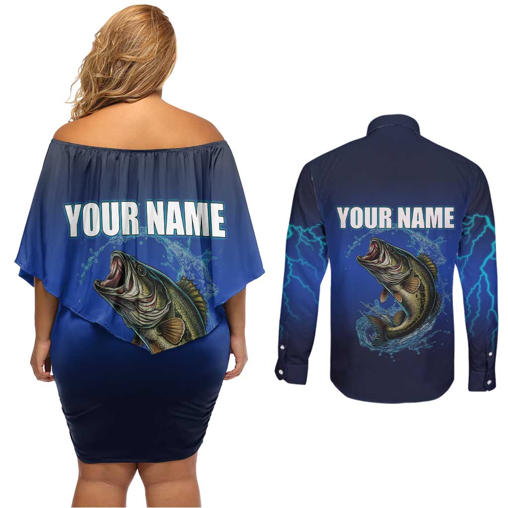 Custom Jumping Bass Fishing Couples Matching Off Shoulder Short Dress and Long Sleeve Button Shirt with Water Splash and Lightning Background - Wonder Print Shop