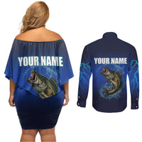 Custom Jumping Bass Fishing Couples Matching Off Shoulder Short Dress and Long Sleeve Button Shirt with Water Splash and Lightning Background - Wonder Print Shop