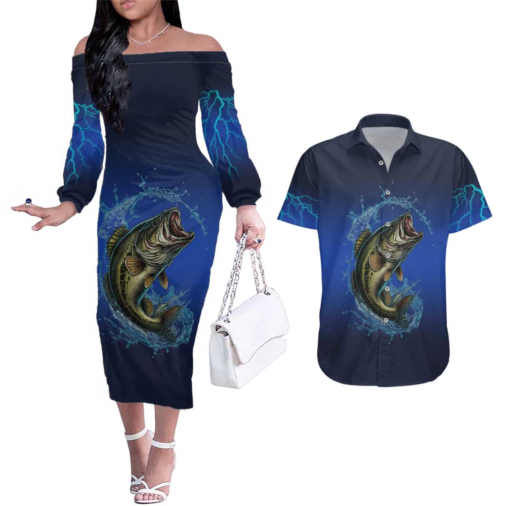 Custom Jumping Bass Fishing Couples Matching Off The Shoulder Long Sleeve Dress and Hawaiian Shirt with Water Splash and Lightning Background - Wonder Print Shop