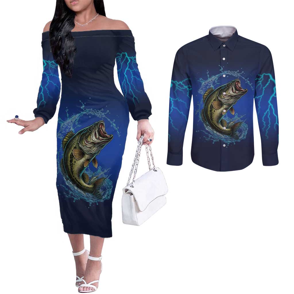 Custom Jumping Bass Fishing Couples Matching Off The Shoulder Long Sleeve Dress and Long Sleeve Button Shirt with Water Splash and Lightning Background - Wonder Print Shop