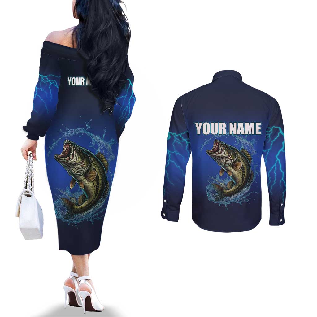 Custom Jumping Bass Fishing Couples Matching Off The Shoulder Long Sleeve Dress and Long Sleeve Button Shirt with Water Splash and Lightning Background - Wonder Print Shop
