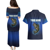 Custom Jumping Bass Fishing Couples Matching Puletasi and Hawaiian Shirt with Water Splash and Lightning Background - Wonder Print Shop