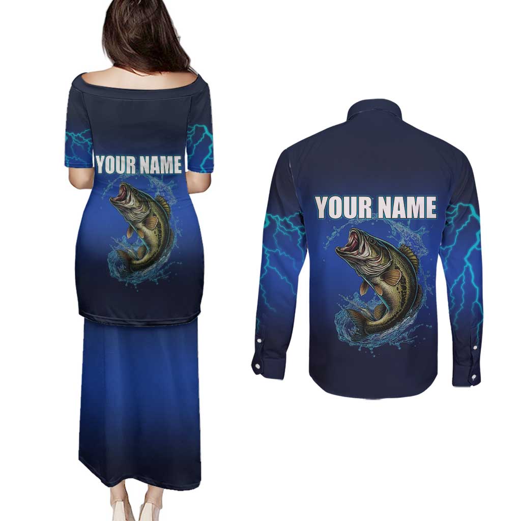 Custom Jumping Bass Fishing Couples Matching Puletasi and Long Sleeve Button Shirt with Water Splash and Lightning Background - Wonder Print Shop