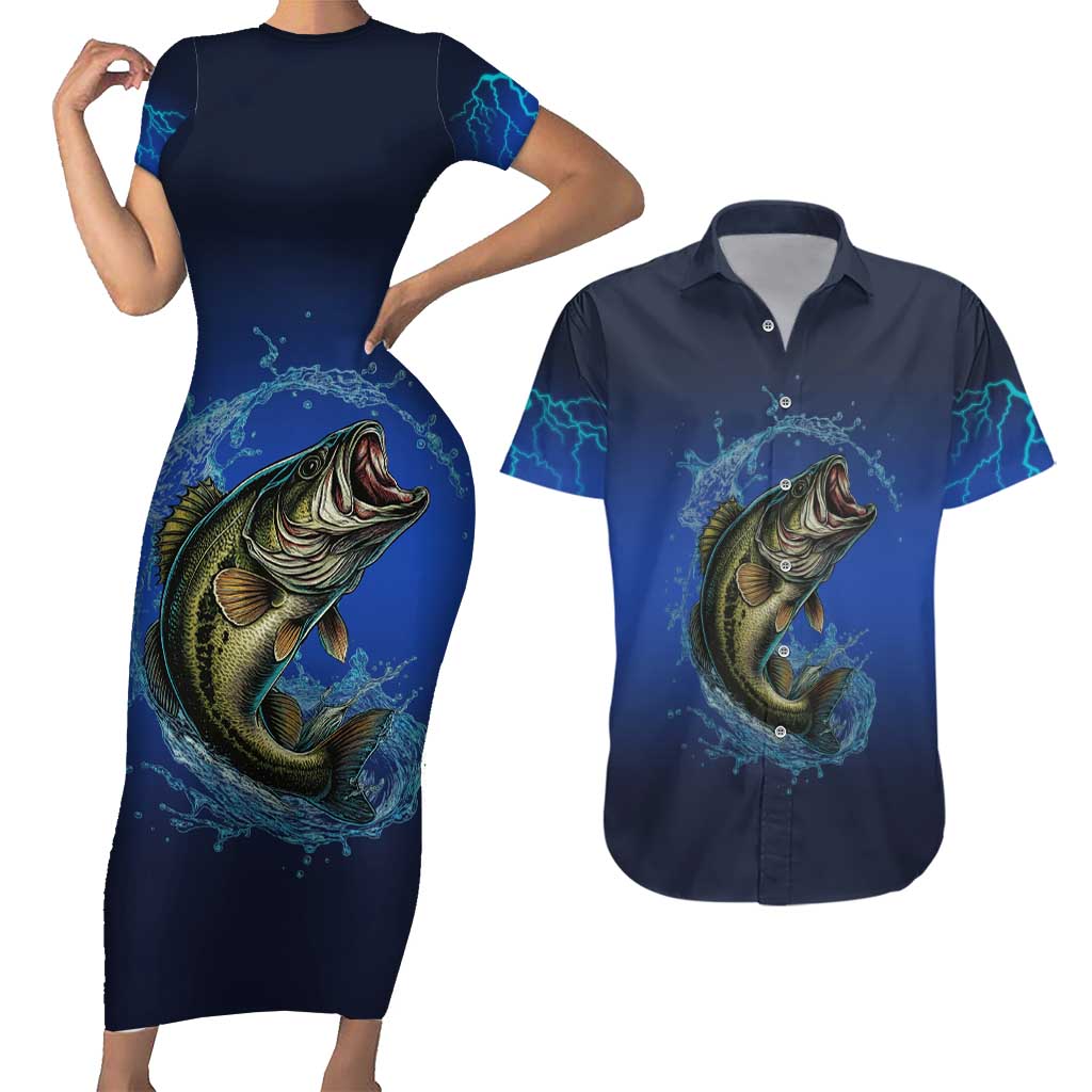 Custom Jumping Bass Fishing Couples Matching Short Sleeve Bodycon Dress and Hawaiian Shirt with Water Splash and Lightning Background - Wonder Print Shop